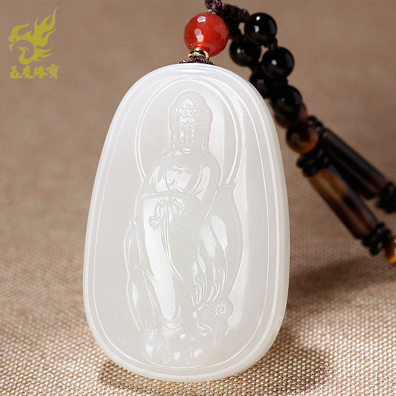 玉友和田玉羊脂白观音吊坠男款玉石玉器荷花观音玉牌子玉坠挂件