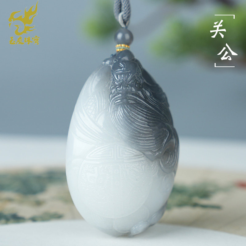 玉友和田玉关公手把件男款冰白烟紫武圣玉石把玩件玉手饰附证书