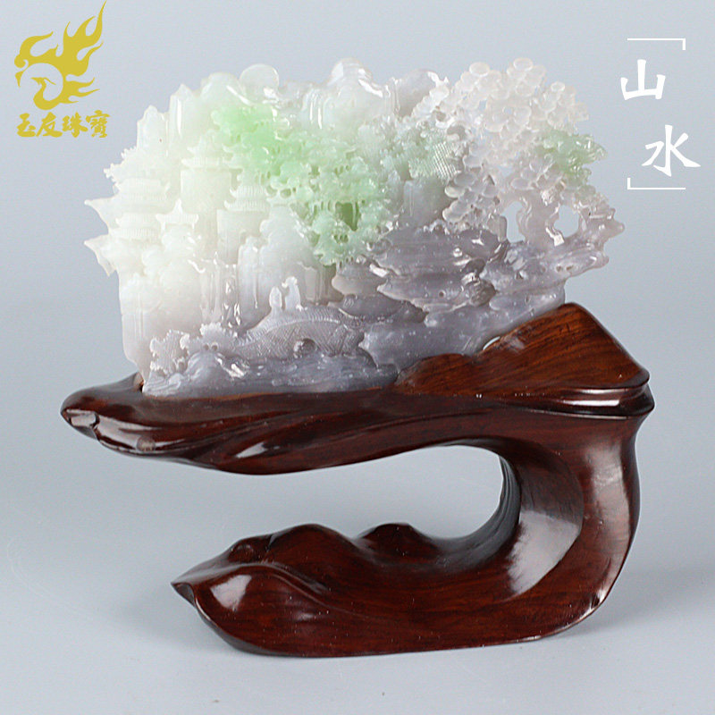 和田玉山水摆件翠青冰紫白三色