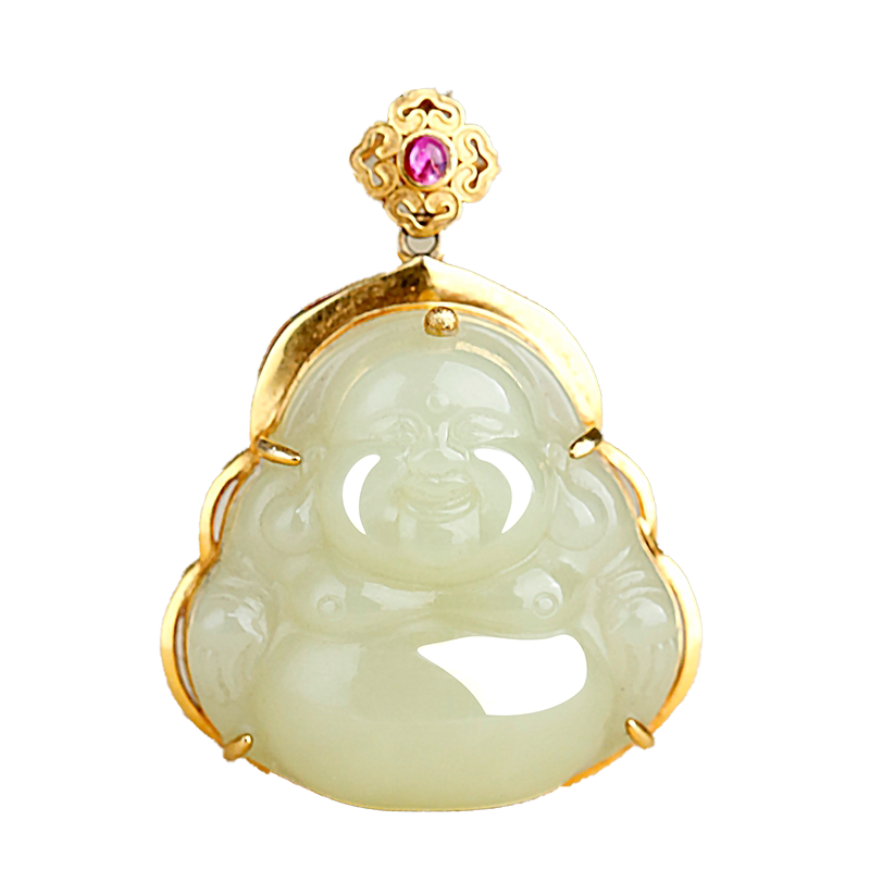 玉友和田玉18K金镶黄玉佛公吊坠