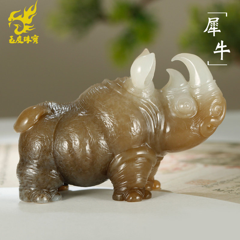 玉友和田玉犀牛摆件男款糖白玉喜牛气冲天牛事富贵玉石摆件附证书