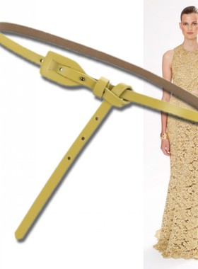 浅黄色牛皮打结装饰细腰带减龄女毛衣西装风衣裙子长裤1厘米皮带