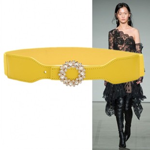 黄色水钻珠花弹力装饰宽腰带女棉服羽绒服毛衣裙3.8厘米束腰皮带