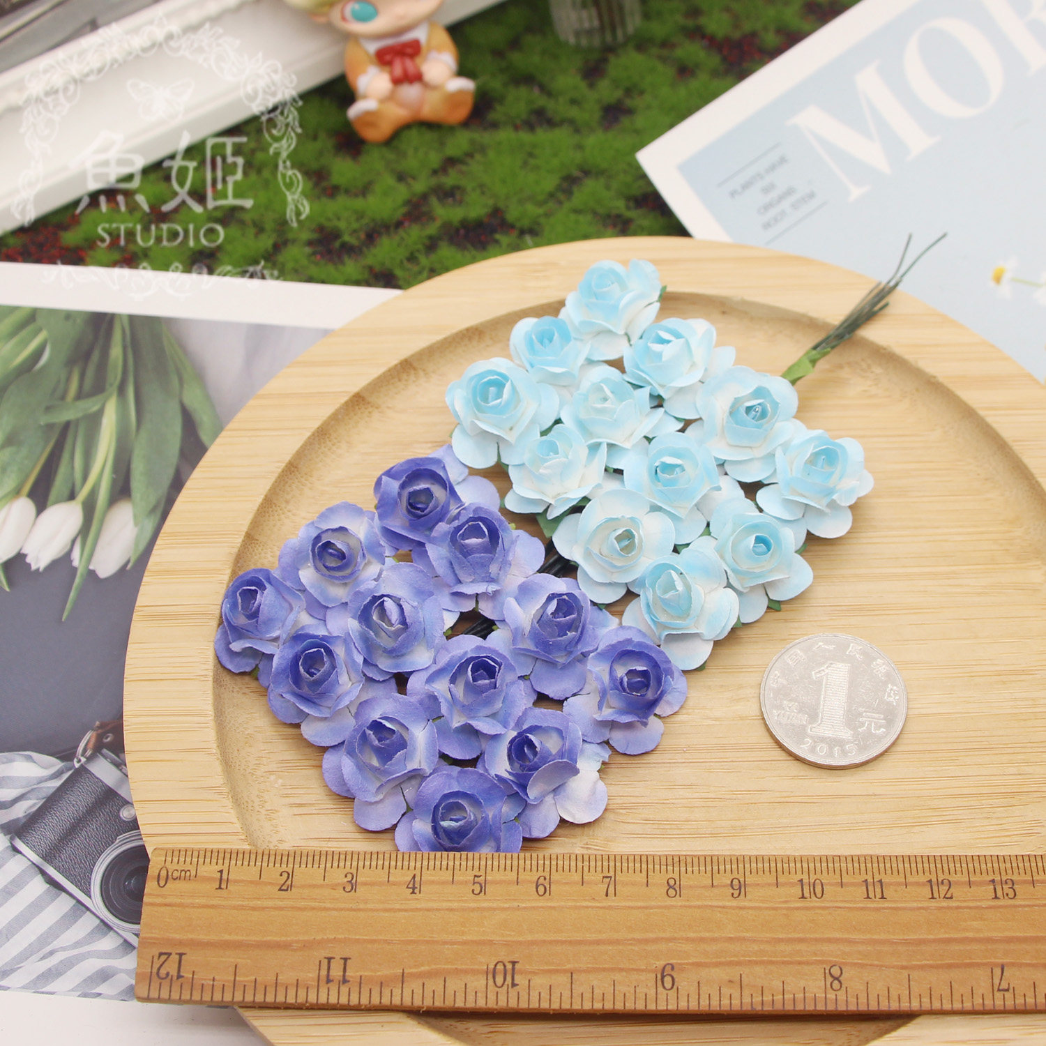 迷你假花diy手工渐变蓝玫瑰纸花婚庆小物头饰配件2cm仿真纸花