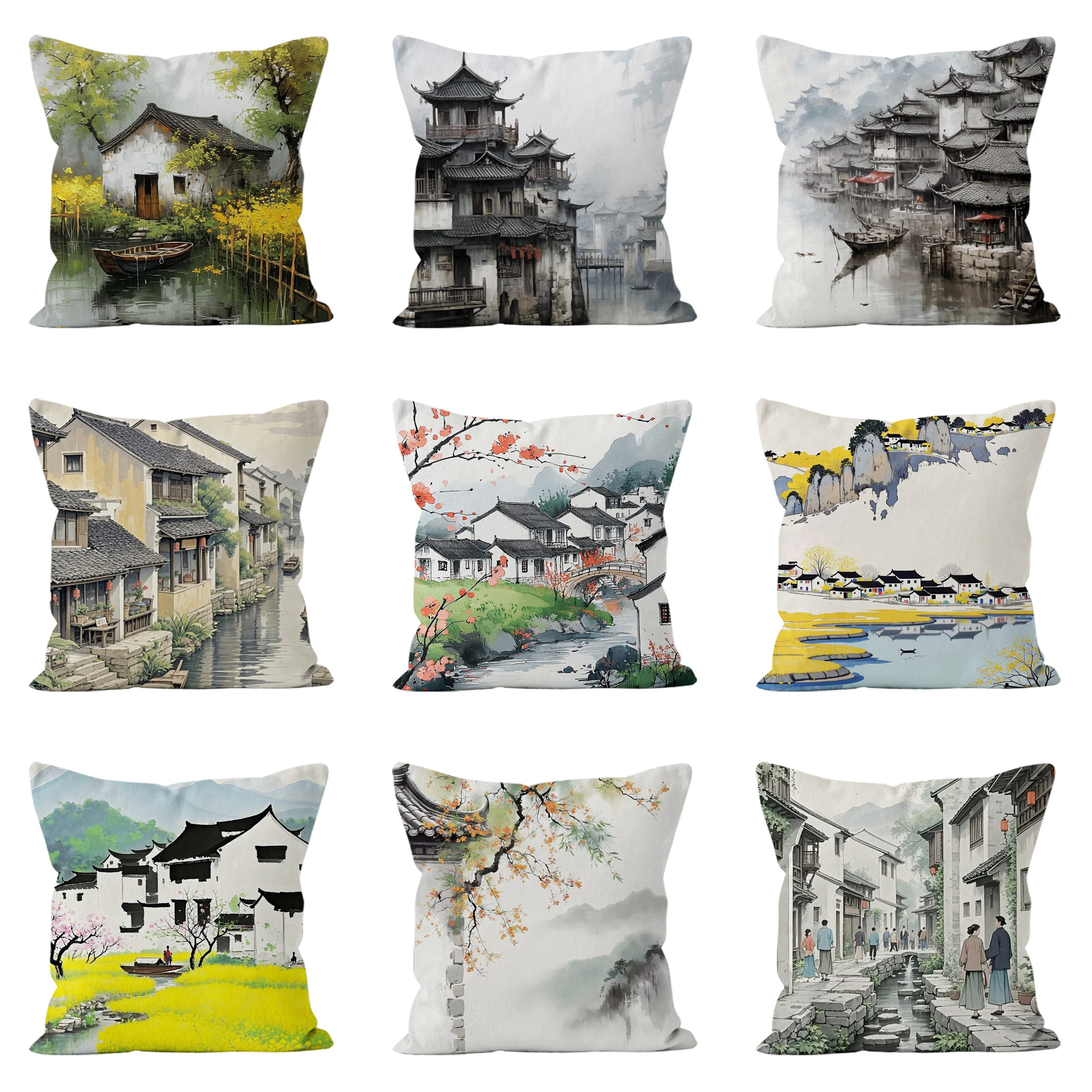 中式小镇山水抱枕平面印花高雅客厅沙发茶室靠枕套座椅摆件