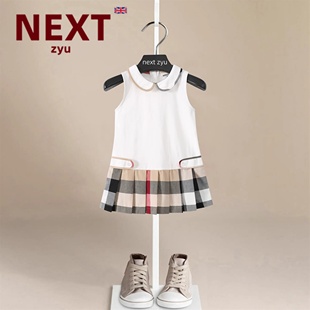 zyu官方正品 新款 夏季 next 小童连衣裙英伦风女童白色无袖 百褶格子