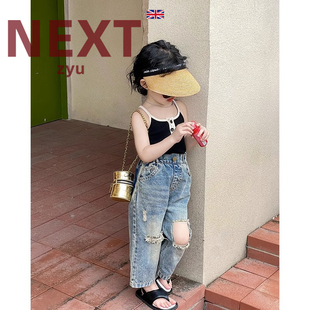英国NEXT ZYU官方正品女童破洞高腰牛仔裤夏装阔腿裤童装吊带上衣