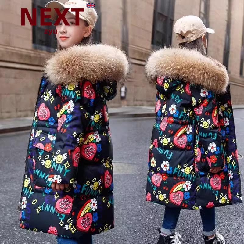 next zyu官方正品儿童羽绒服女童中长款加厚印花韩版洋气冬装外套