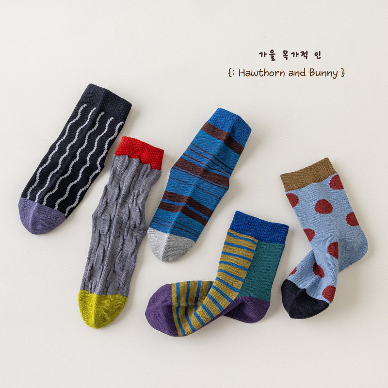 儿童袜子春秋冬季纯棉韩版男童拼色条纹女童波点复古学院风中筒袜