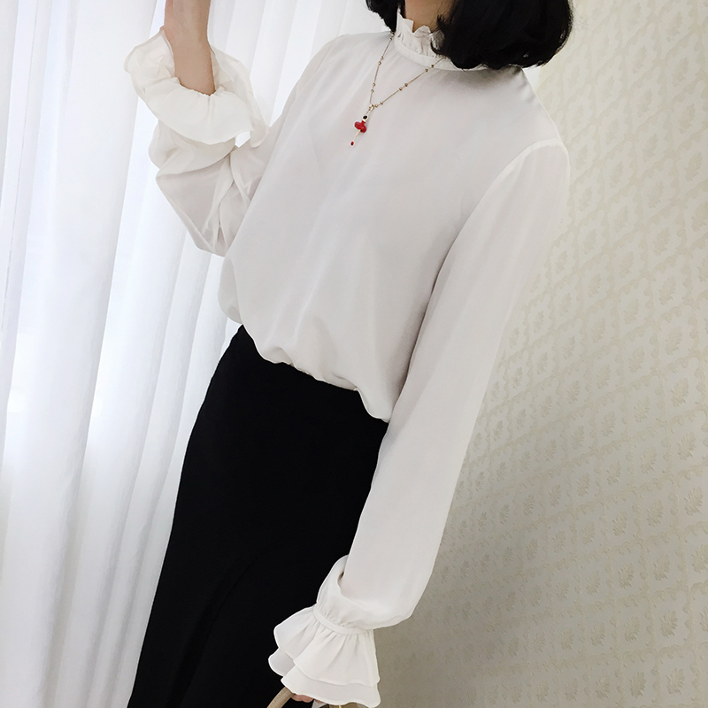 【亏本清仓】082514华丽白色荷叶袖花边领真丝衬衫桑蚕丝上衣女Z1(用202.4元券)