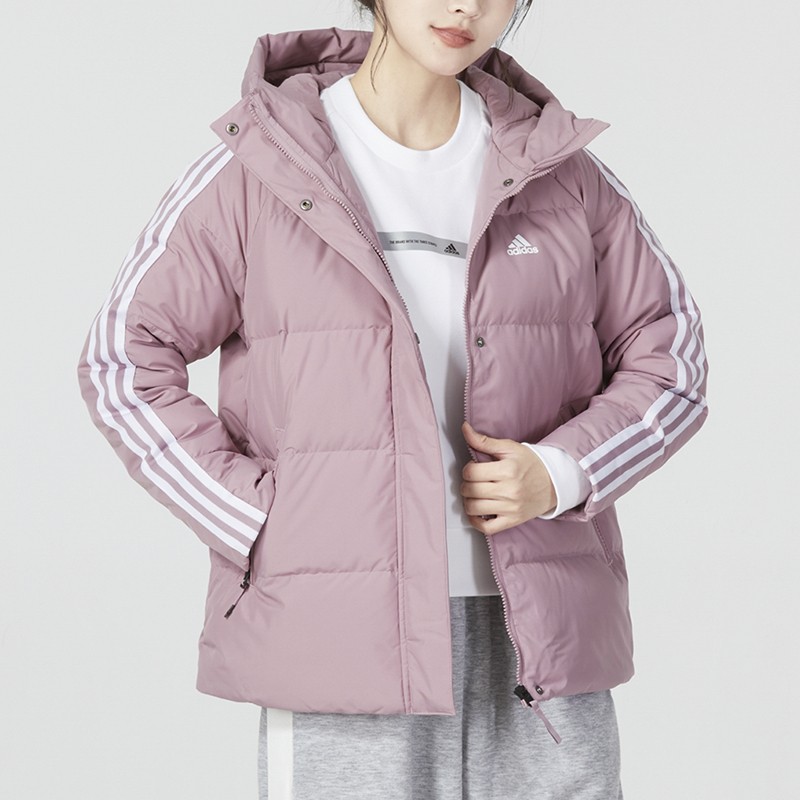 2022冬季新款 adidas阿迪达斯女装粉色短款连帽保暖羽绒服 hr8446