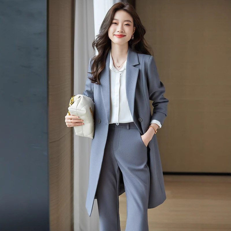 中长款西装风衣外套女春秋2023新款高级感小个子灰色职业西服套装