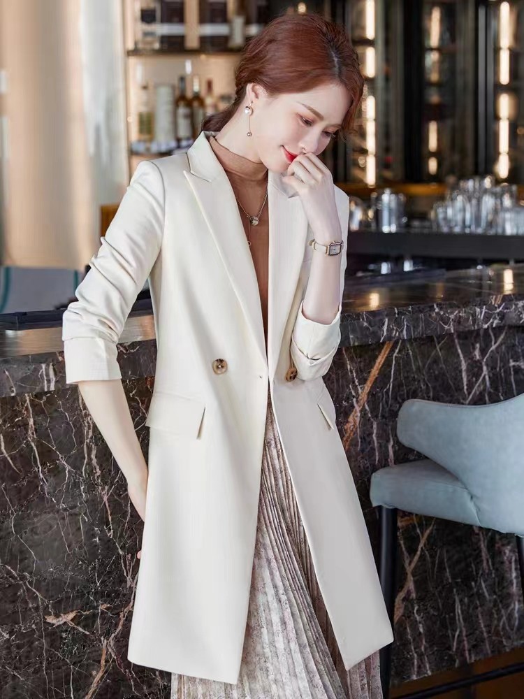 米白色中长款西装风衣外套女2026春秋新款高级感黑色长西服大衣女