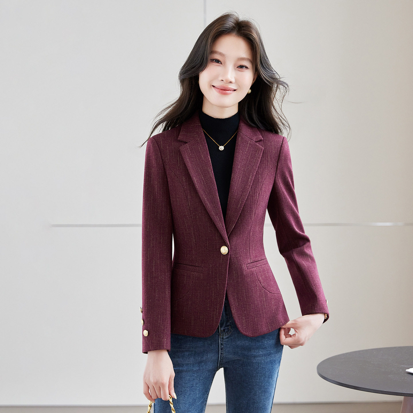 枣红色女西装职业通勤长袖新款