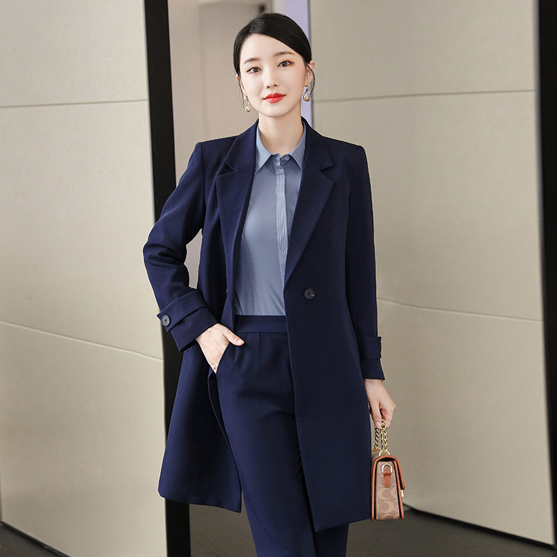 藏青春秋中长款职业女西装套装