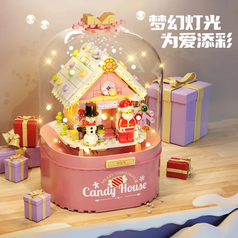 兼容乐高套装粉红圣诞树积木飘雪圣诞节玩具儿童日旋转音乐盒图片
