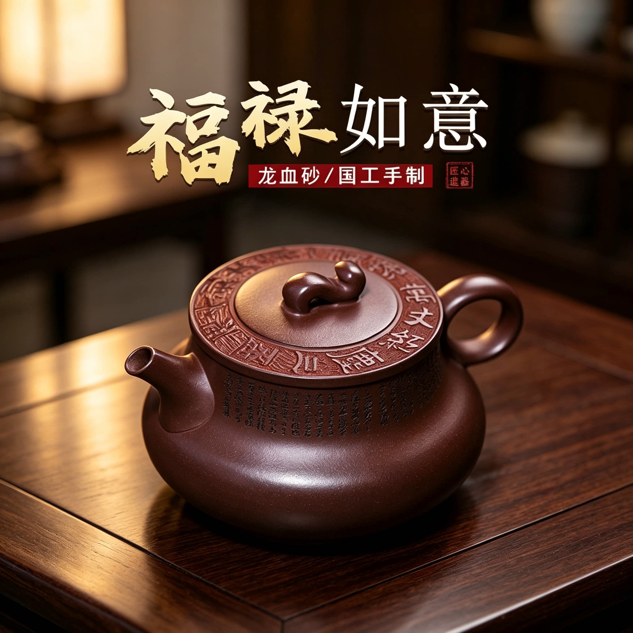宜兴全手工龙血砂福禄如意紫砂壶 带证书易包浆出水好滴水不漏