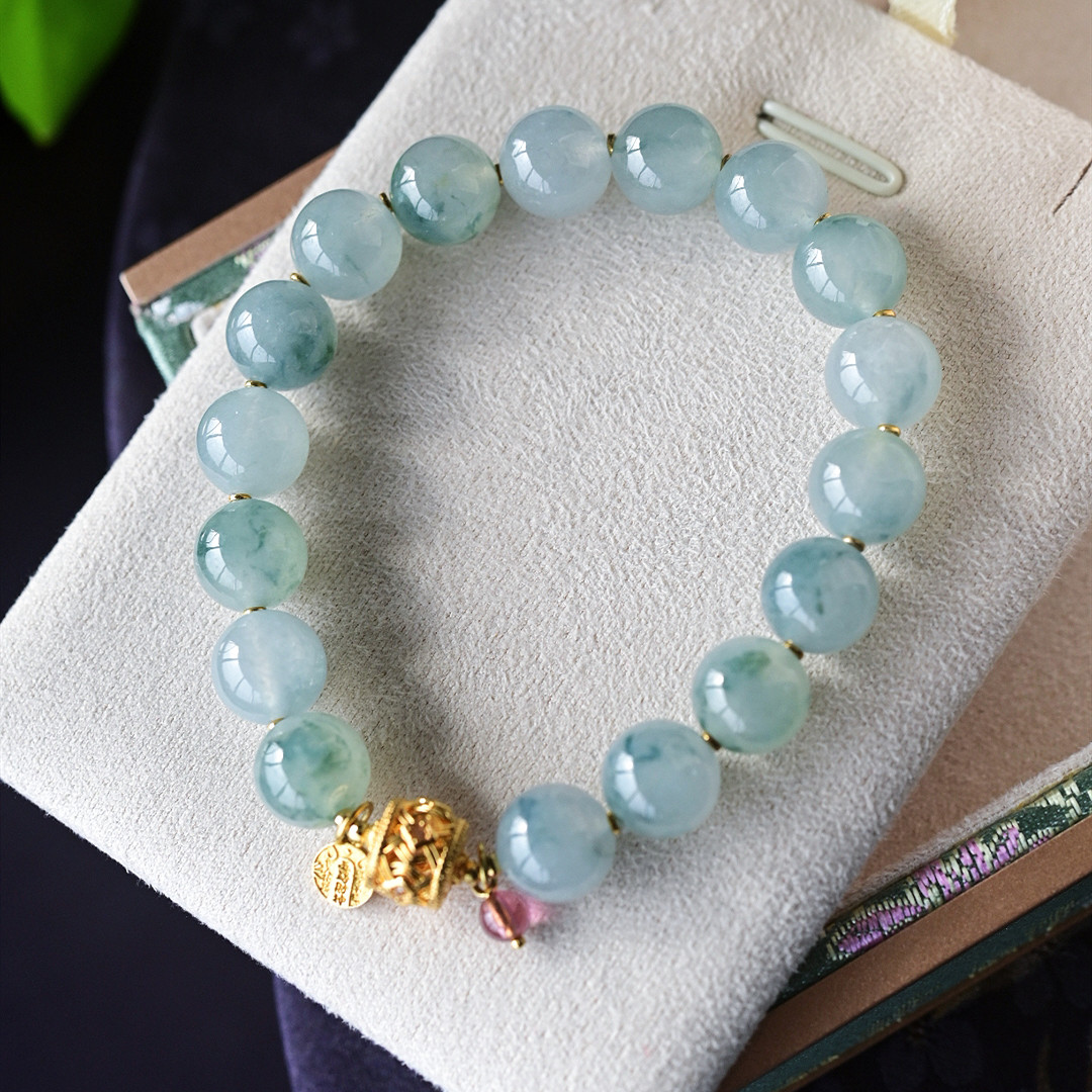 一斤钻戒 天然缅甸A货翡翠手串 冰底飘花大圆珠 18k金