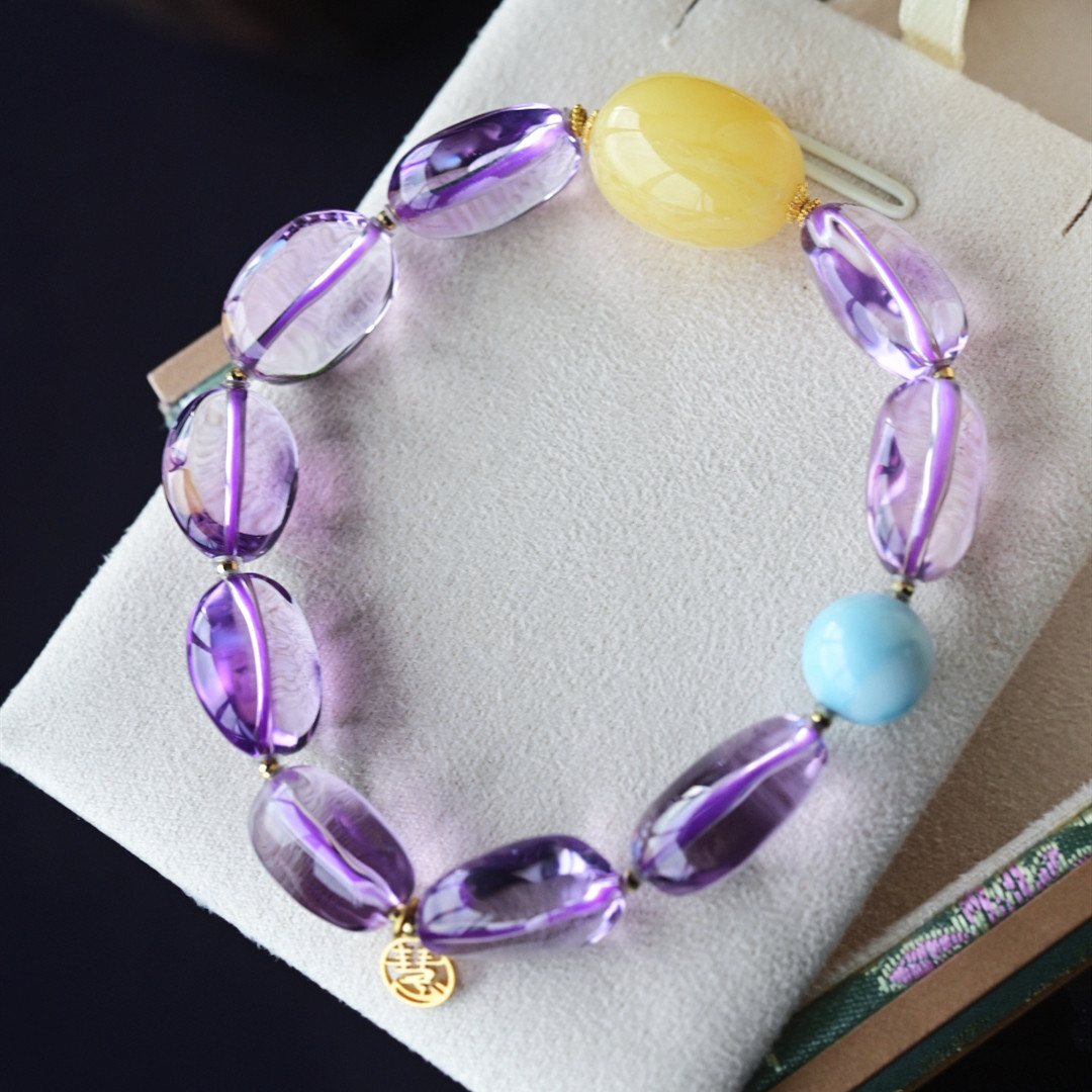 一斤钻戒 天然随型紫水晶＋蜜蜡手串 晶体干净透亮 18K金海纹石