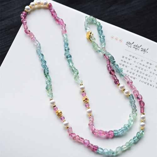 一斤钻戒 天然原矿彩碧玺手链项链 随型珠 晶莹剔透 18K金 珍珠