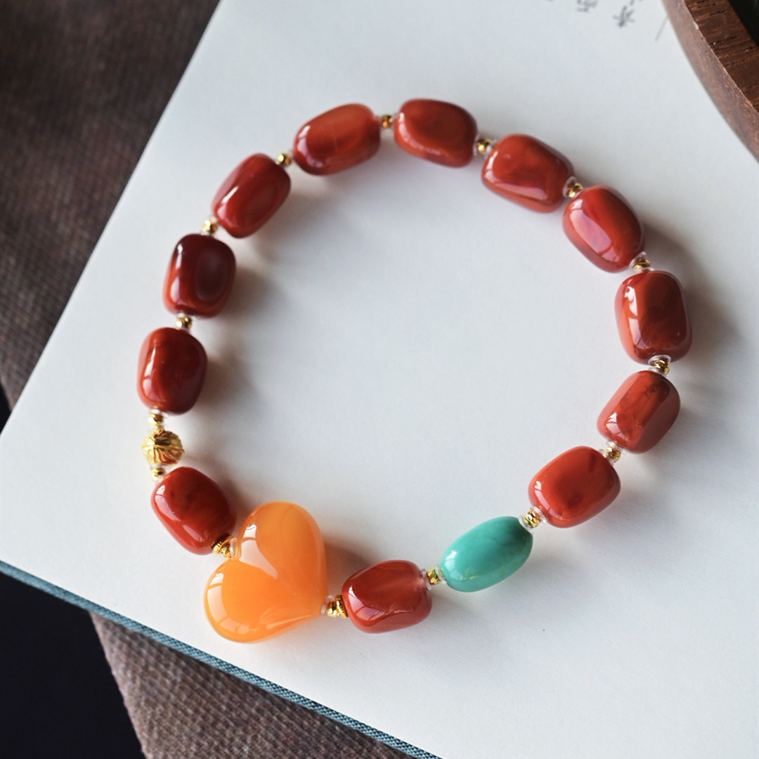 一斤钻戒 天然原矿南红随型手串 川料 18K金蜜蜡绿松石 大气显白