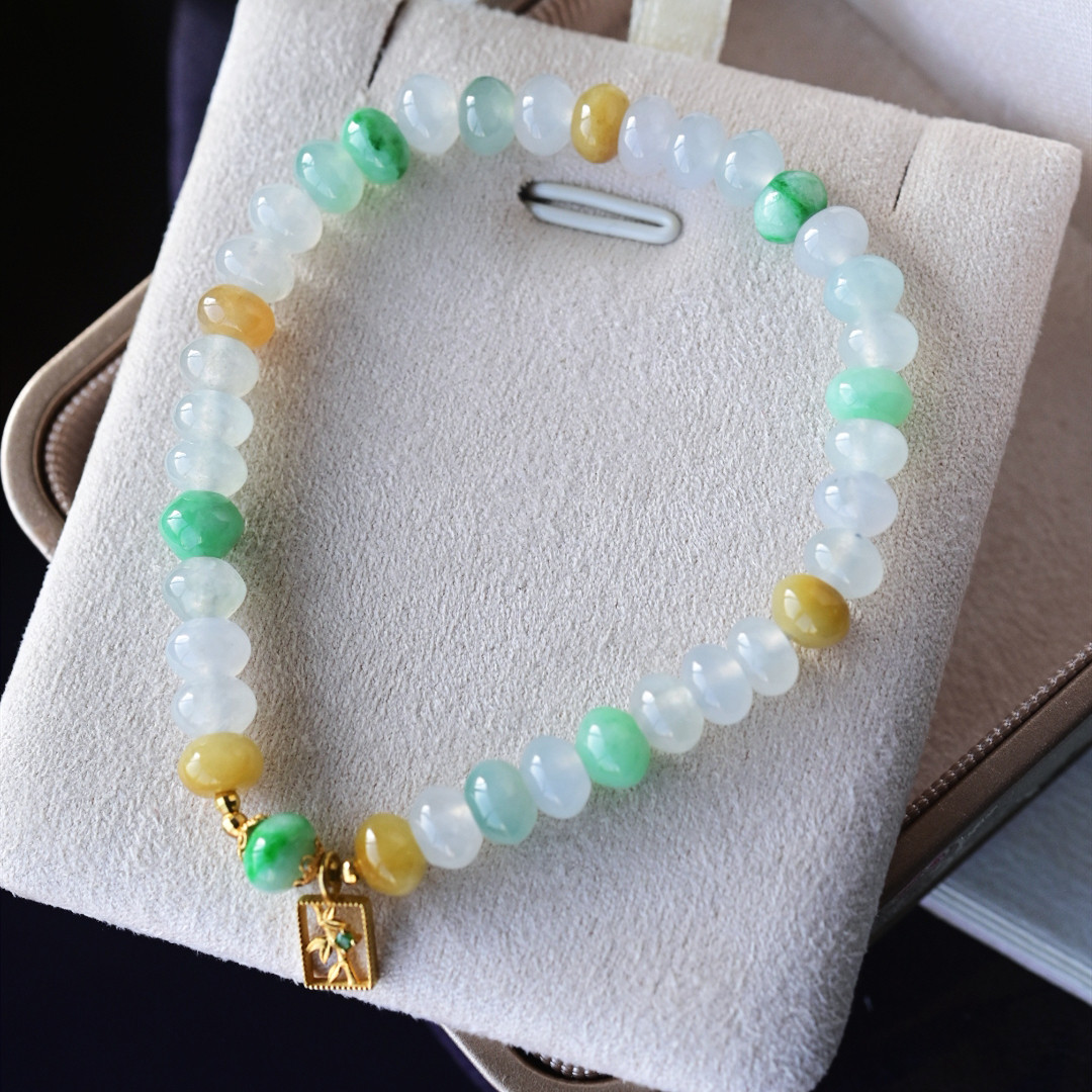 一斤钻戒 天然缅甸A货翡翠手串手链 翡翠算牌珠串 18k金