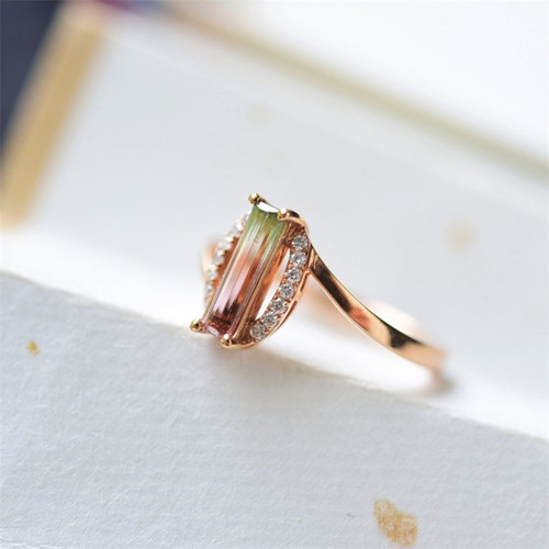 一斤钻戒 双色渐变 层次分明18k钻石点缀 天然原矿西瓜碧玺 戒指