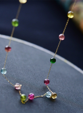 一斤钻戒明媚动人的色调晶莹通透18k金链条 天然原矿彩碧玺项链