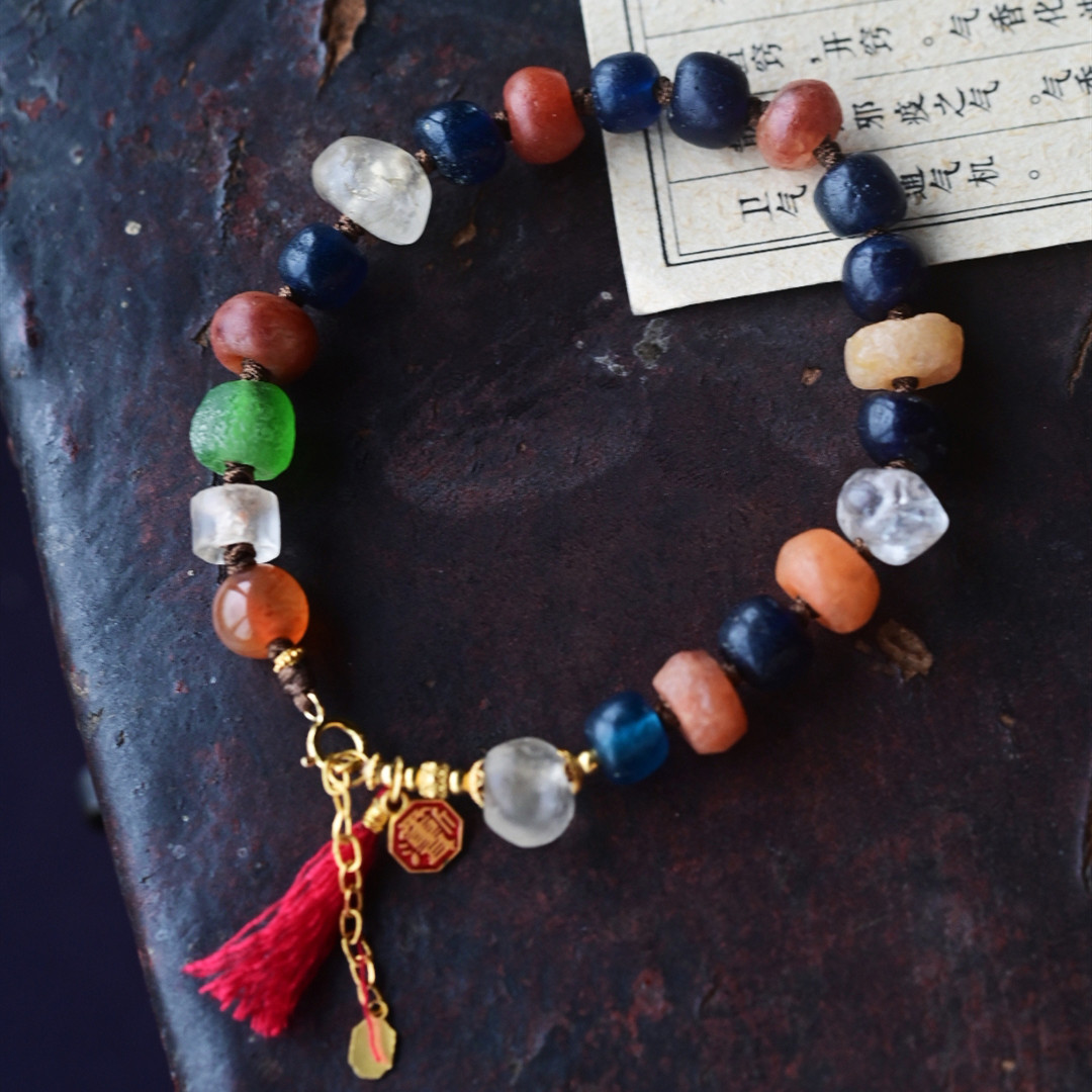 一斤钻戒 包老保真 高古老水晶搭配老琉璃清代老红玛瑙手串 18K金