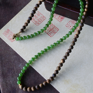 一斤钻戒 天然和田碧玉搭配天然沉香手链项链 18K金 清雅古朴感