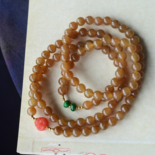 一斤钻戒 天然和田糖玉108颗项链手链 色浓郁如蜜 18K金南红翡翠