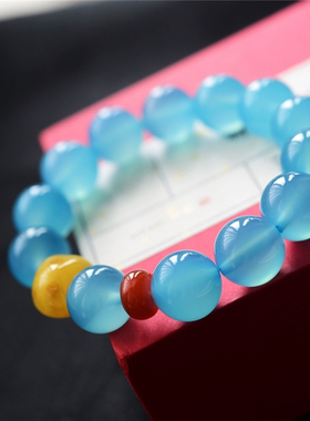 一斤钻戒bai分白天然色ding级大圆珠蜜蜡天然土耳其海蓝玉髓手链