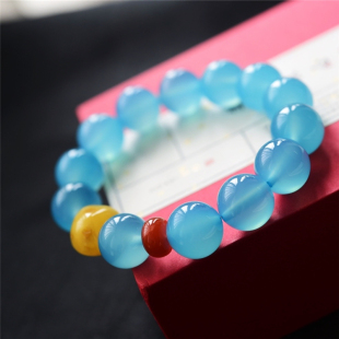 一斤钻戒bai分白天然色ding级大圆珠蜜蜡天然土耳其海蓝玉髓手链