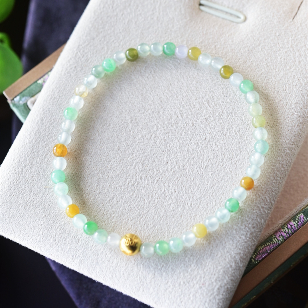 一斤钻戒 天然缅甸A货翡翠手串手链 清爽圆珠串子 18k金福珠