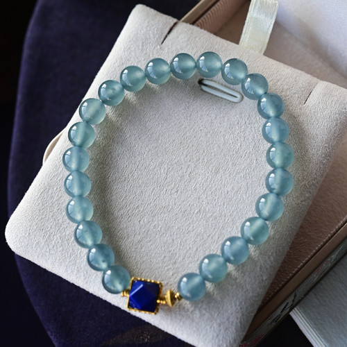 一斤钻戒 天然A货翡翠手串手链 冰蓝水翡翠圆珠串 18k金青金石