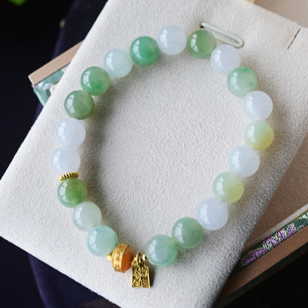 一斤钻戒 天然缅甸A货翡翠手串手链 翡翠圆珠手串 18k金