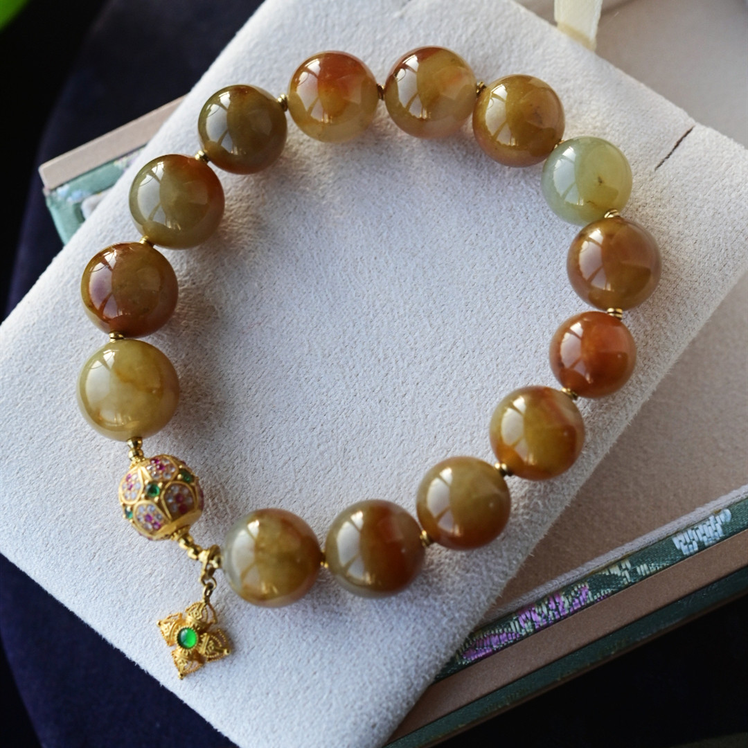 一斤钻戒 天然缅甸A货翡翠手串 冰糖黄翡翠大圆珠 18k金