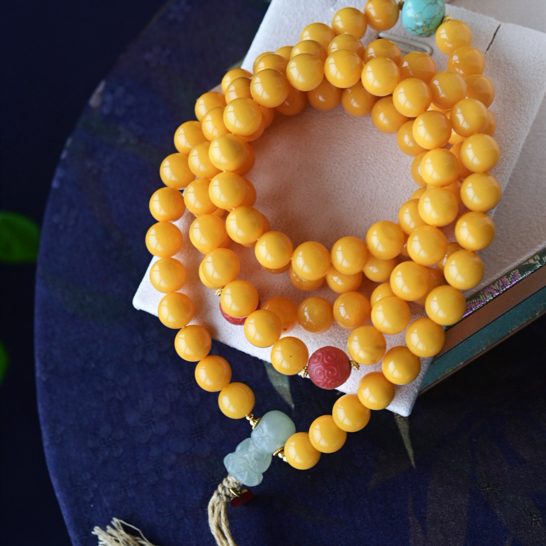 一斤钻戒 天然原矿蜜蜡108颗珠手链项链 无优化 蜡质醇厚 18K金