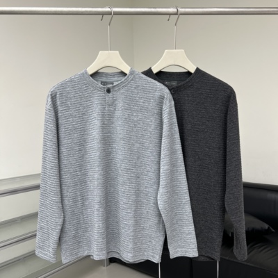 QFO高端复古一粒扣亨利领条纹长袖T恤男春季宽松百搭套头打底衫潮