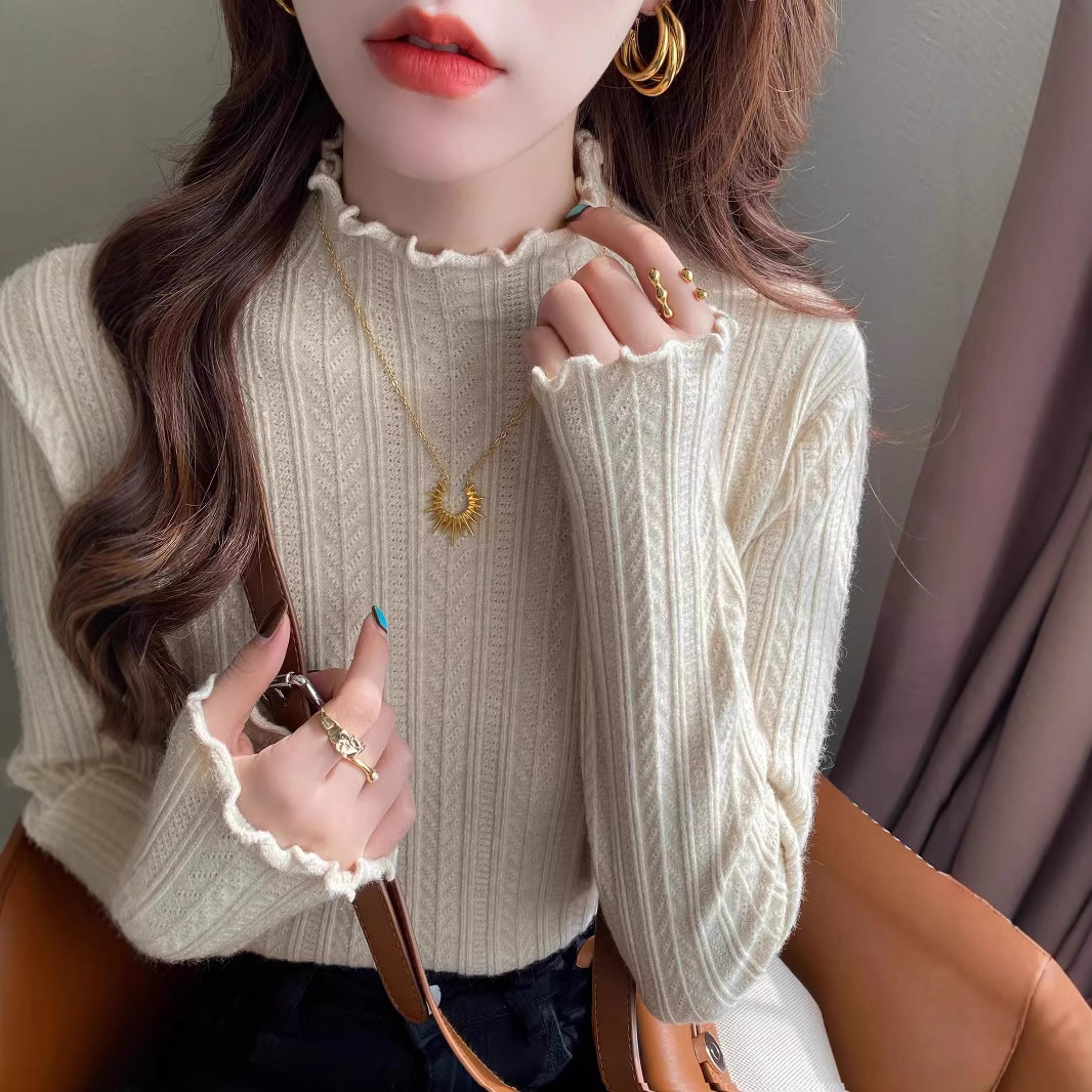 包芯纱面料 打底衫女秋冬内搭2025新款半高领木耳边针织中领毛衣
