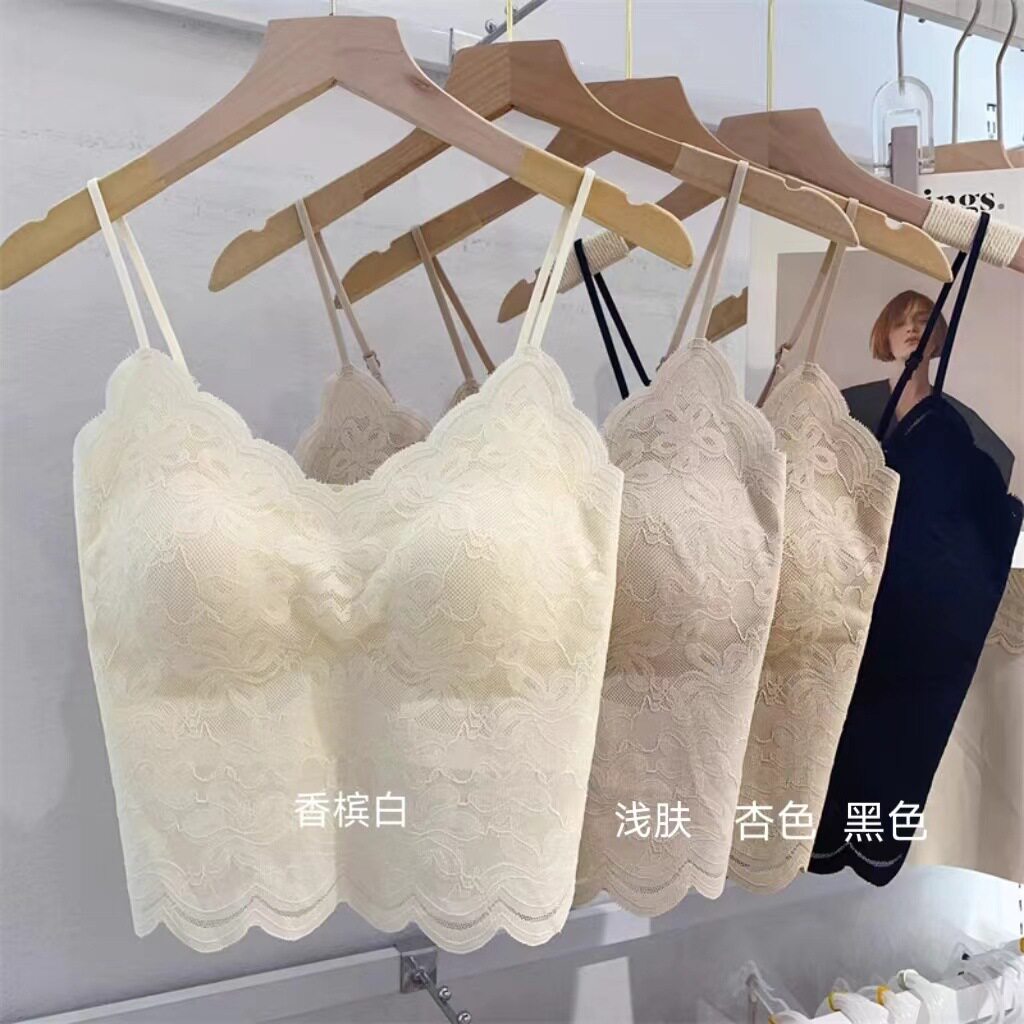 法式优雅蕾丝美背内衣无痕V领带胸垫可外穿吊带背心女内搭打底衣