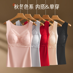 秋冬蕾丝红色保暖背心女双面磨毛发热打底本命年内衣免穿文胸无痕