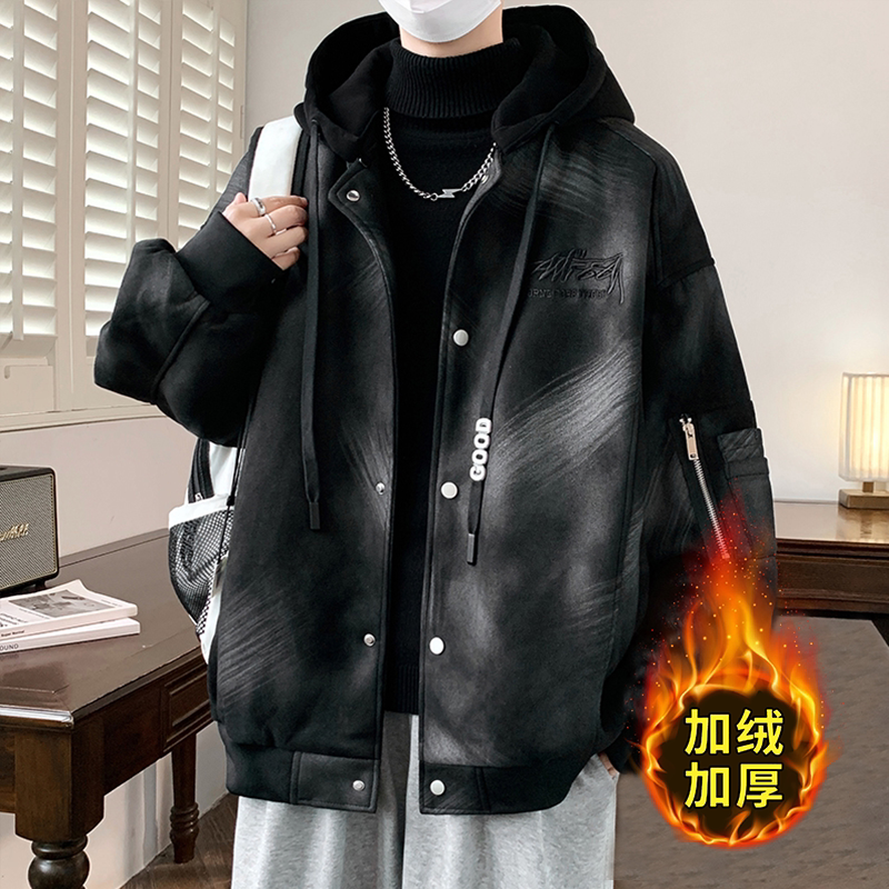 加绒加厚外套男生秋冬季新款青少年夹克男装士潮牌美式宽松上衣服