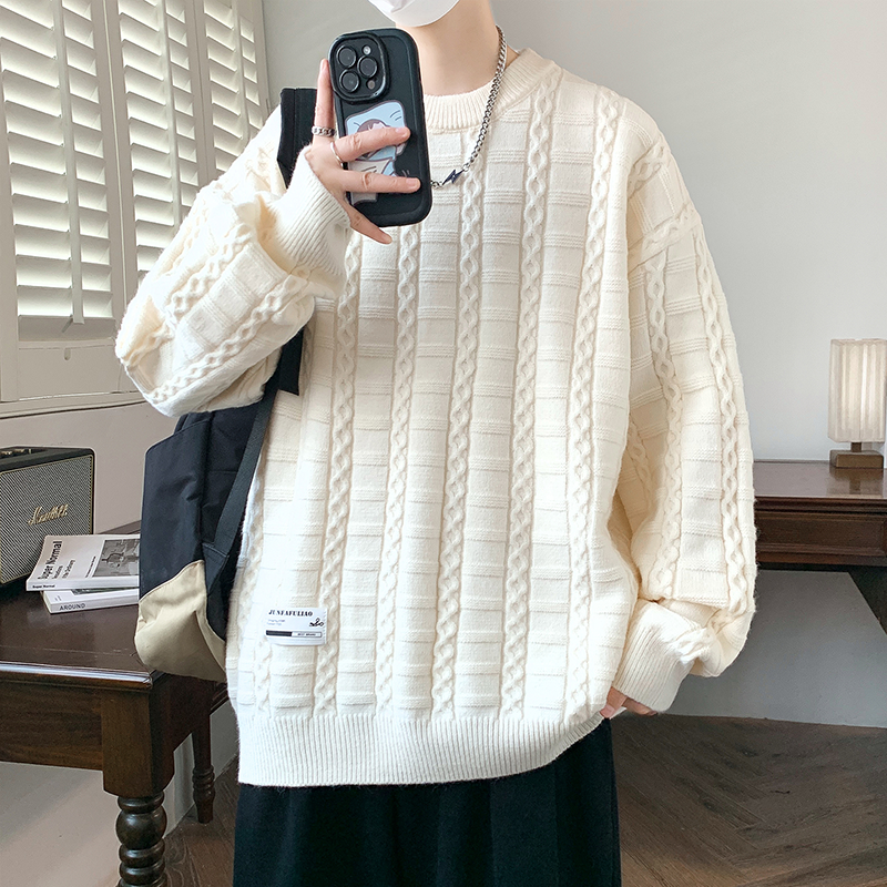 圆领毛衣男生秋冬季新款加绒加厚保暖青少年内搭针织打底衫男装士