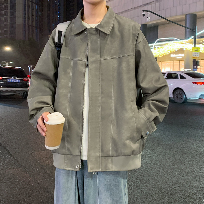 假两件春秋季新款男生宽松潮流衬衫领皮衣夹克青少年休闲外套男装