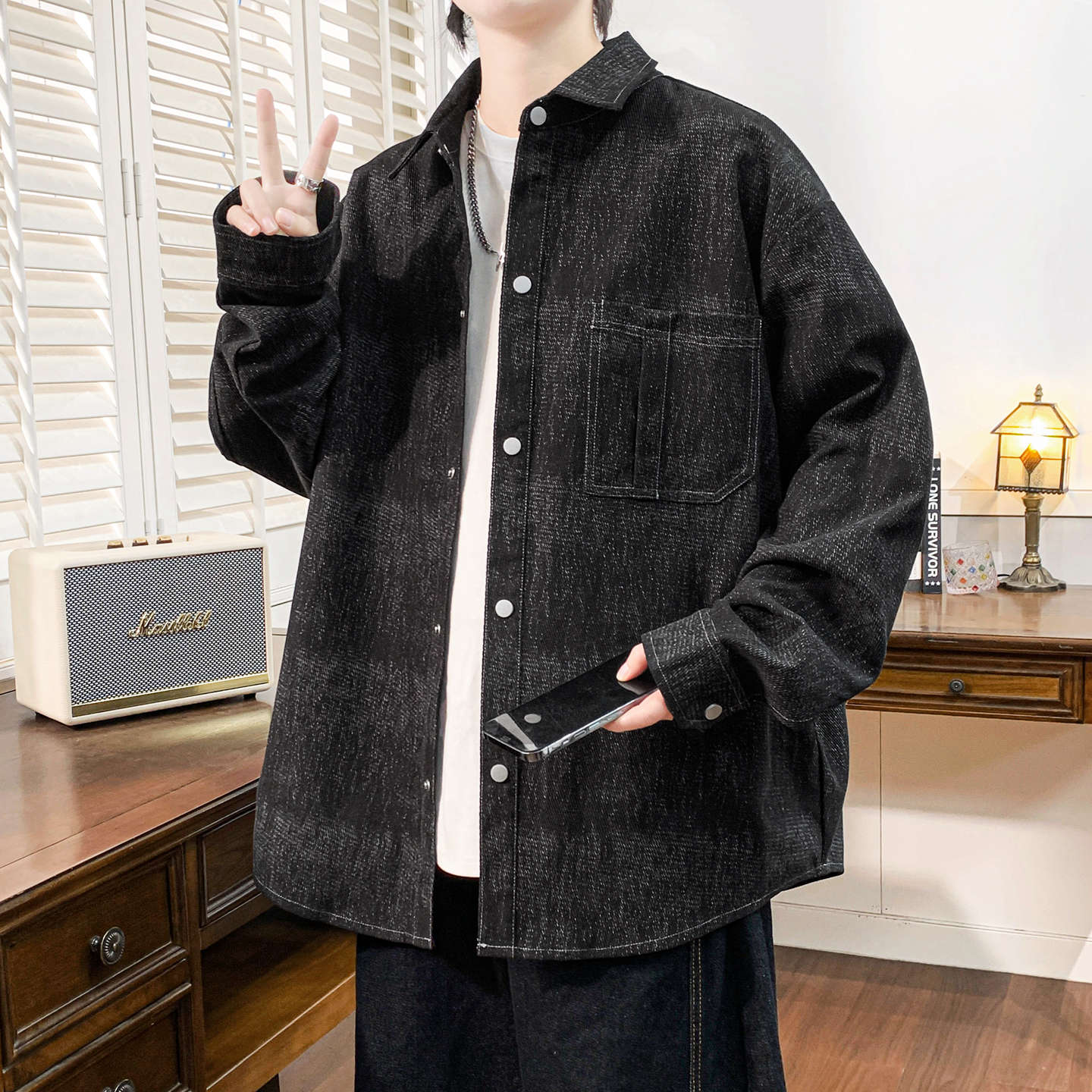 不起球不褪色宽松男装士长袖衬衫