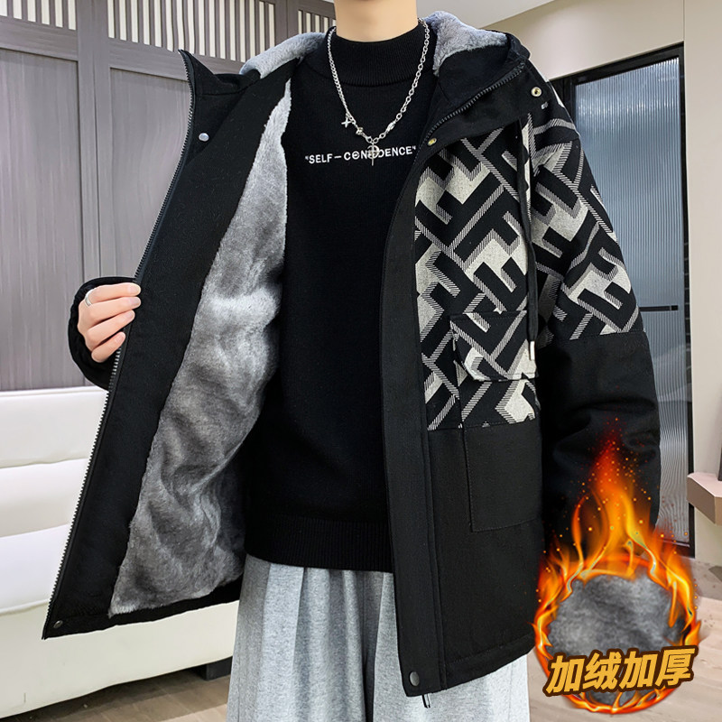 连帽外套男孩秋冬季新款学生夹克男装士加绒加厚青少年派克服潮牌