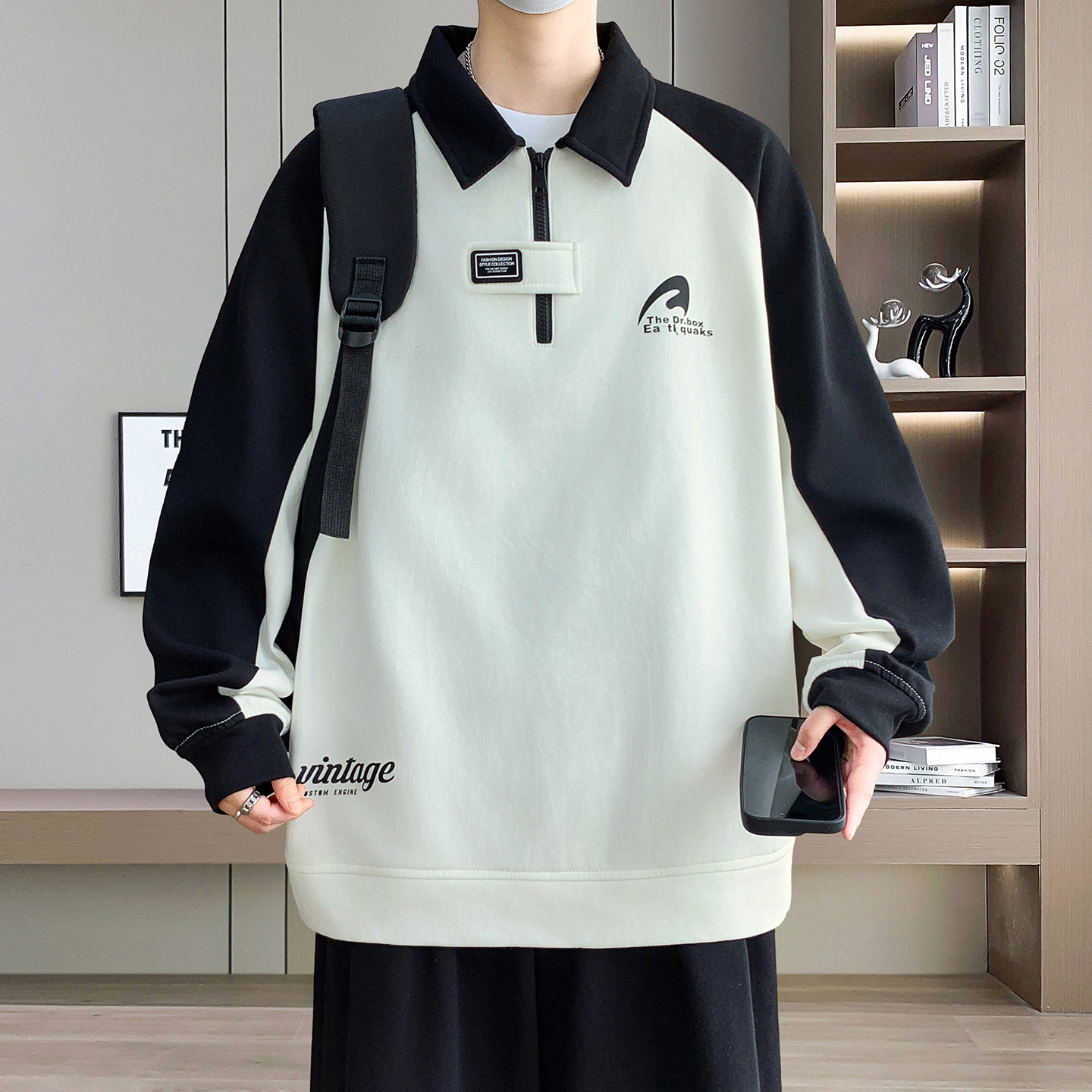 polo衫半拉链卫衣男生春秋季新款学生青少年长袖t恤上衣服男装士