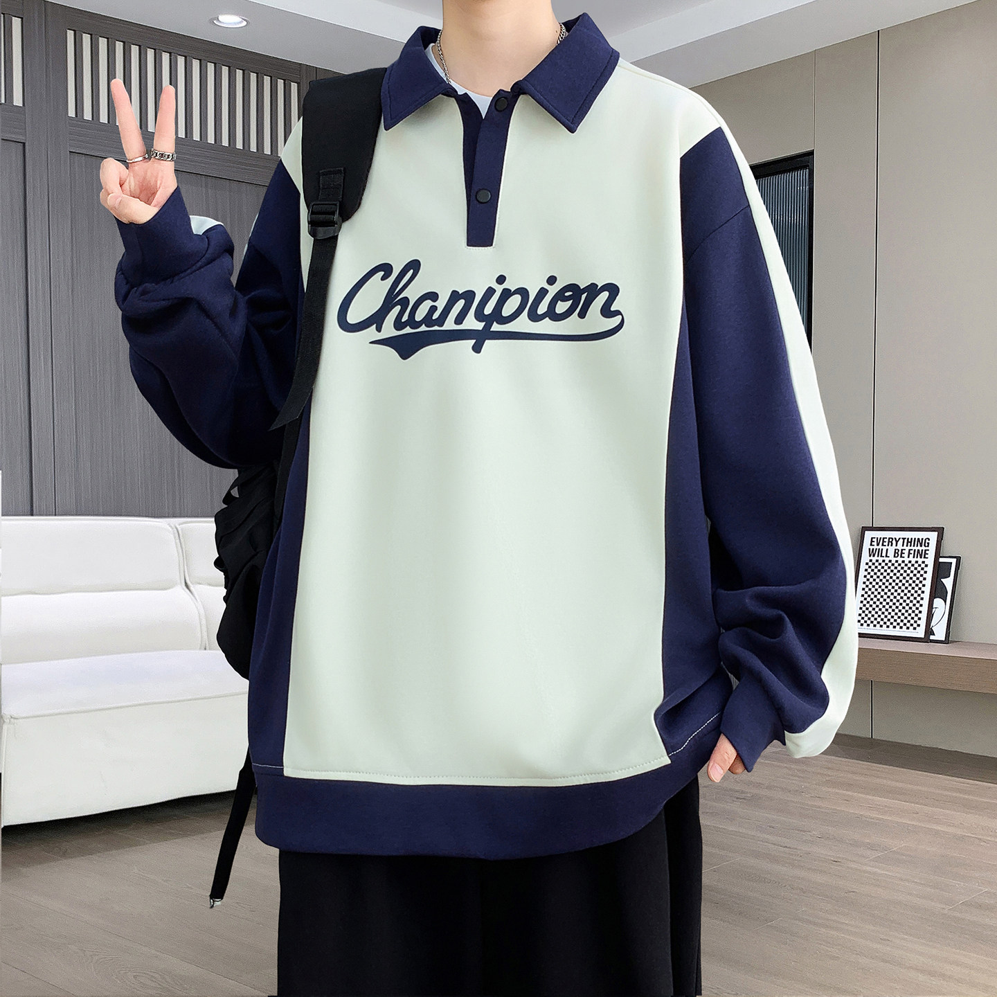 polo衫卫衣男生春秋季新款上衣服男装初中学生青少年大童打底衫潮