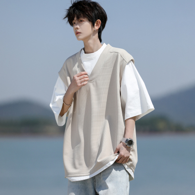 假两件短袖t恤男生2026新款夏季半袖上衣宽松青少年男装士体恤T潮